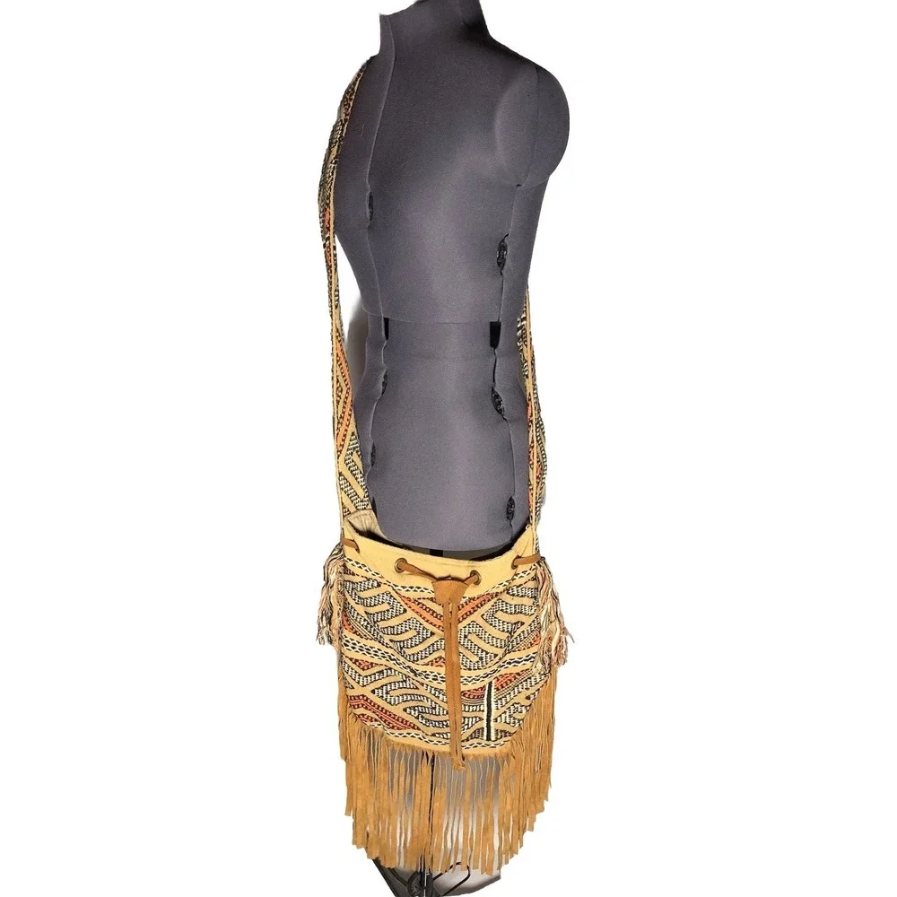 Vtg Y2K Boho Crossbody Bag Fringe Woven Festival Coachella Tribal a+p Denim - Picture 5 of 16